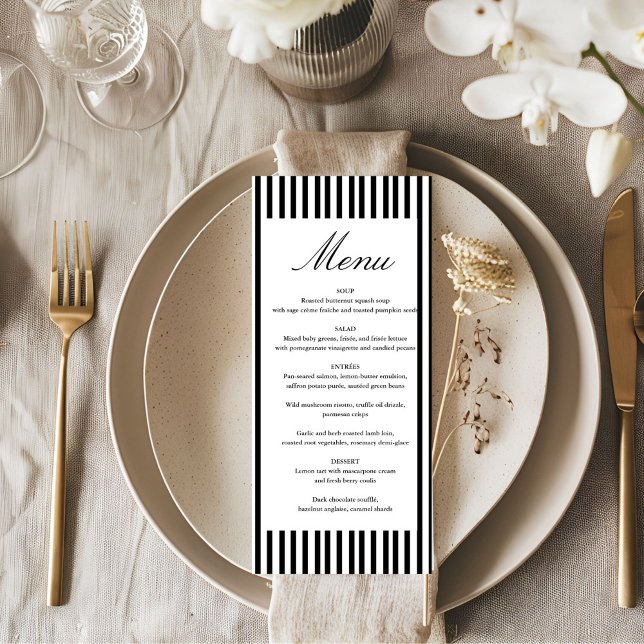 Elegant minimalist randig svart vit bröllopssköld meny (Skapare uppladdad)