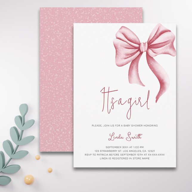 Elegant Minimalist Rosa Bow Girl Baby Shower Inbjudningar (Skapare uppladdad)