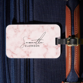 Elegant minimalist rosa marmorerad handskriven sti bagagebricka