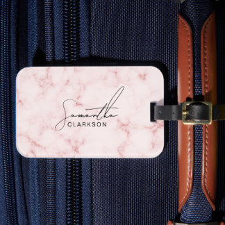 Elegant minimalist rosa marmorerad handskriven sti bagagebricka