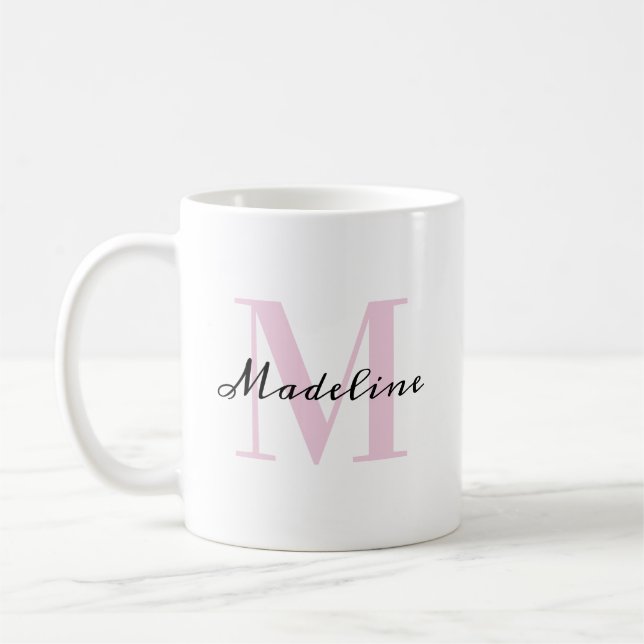 Elegant minimalist rosabränd & svart monogramnamn kaffemugg (Vänster)