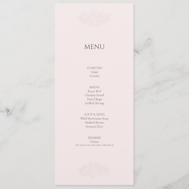 Elegant minimalist rosabruden menykort meny (Framsida)