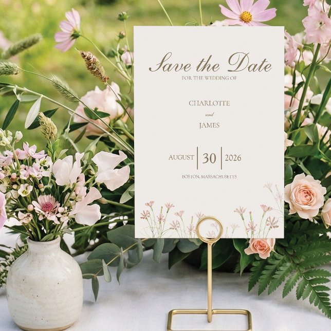 Elegant minimalist rosabrudenhet med vilda blommor spara datumet (Minimalist blush pink wildflower Save the Date. Elegant botanical floral design. Customize!)