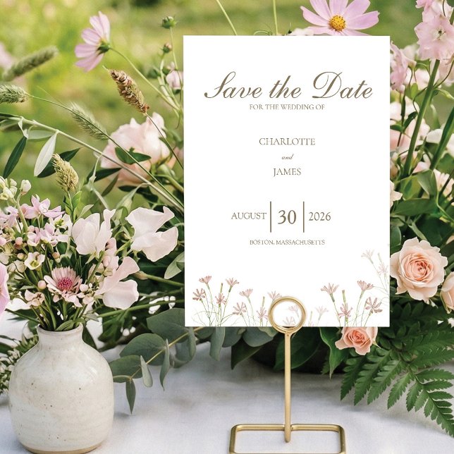 Elegant minimalist rosabrudenhet med vilda blommor spara datumet (Minimalist blush pink wildflower Save the Date. Elegant botanical floral design. Customize!)