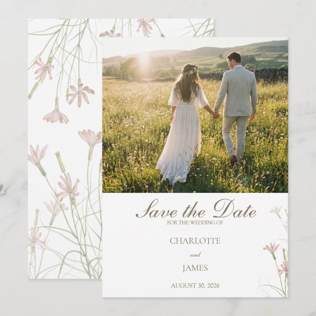 Elegant minimalist rosabrudenhet med vilda blommor spara datumet (Fram/baksida)