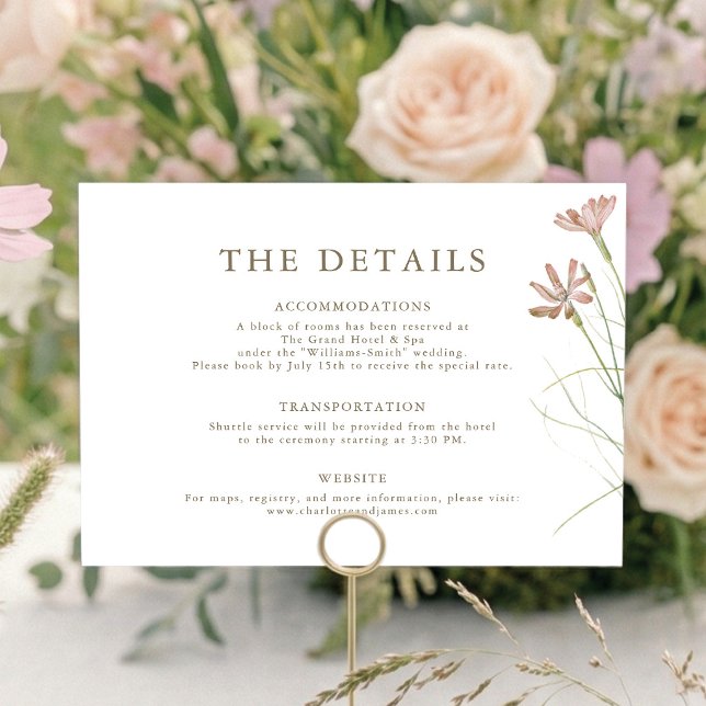 Elegant minimalist rosabrudenhet med vilda blommor tilläggskort (Minimalist blush pink wildflower wedding details card. Elegant botanical enclosure. Customize!)