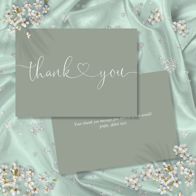 Elegant Minimalist Sage Grönt Heart-skript Tack Kort (Elegant Minimalist Sage Green Heart Script Thank You Card)