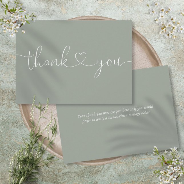 Elegant minimalist salvia grön script hjärta tack kort (Elegant Minimalist Sage Green Script Heart Thank You Card)