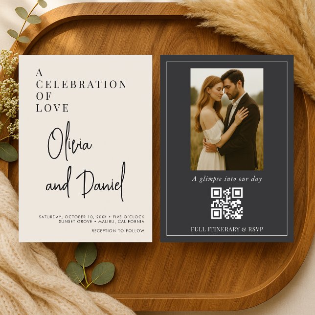 Elegant Minimalist Script Photo QR Code Wedding Inbjudningar (Skapare uppladdad)