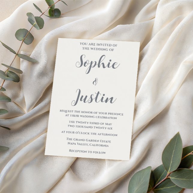 Elegant minimalist silvergrå script bröllop inbjudningar (Skapare uppladdad)