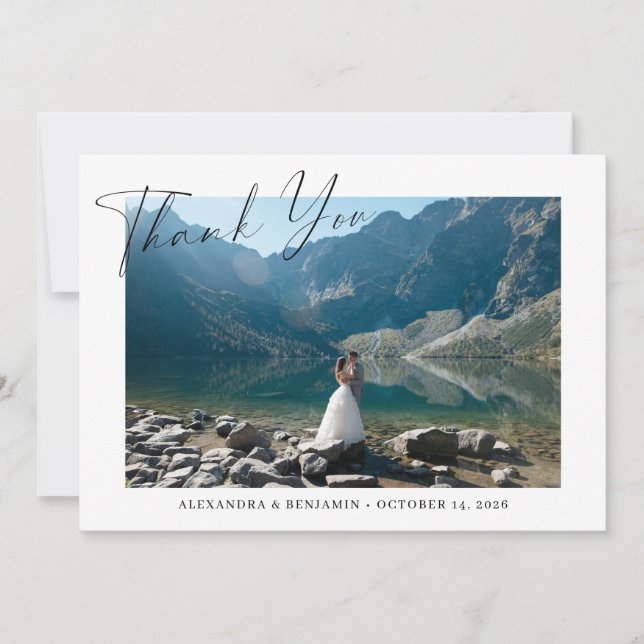Elegant minimalist skript anpassad bröllopsfoto tack kort (Framsida)