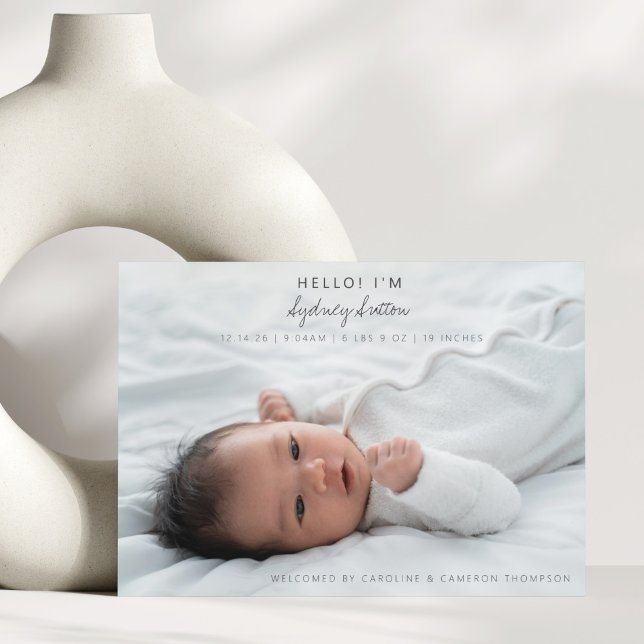 Elegant minimalist skript Hello Baby 2 foto födels Meddelande (Skapare uppladdad)