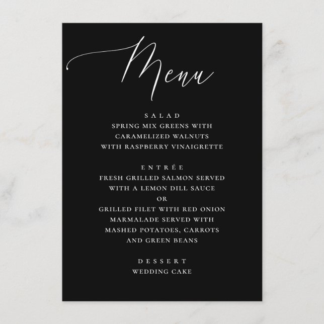 Elegant minimalist svart kalligrafi bröllop meny (Framsida)