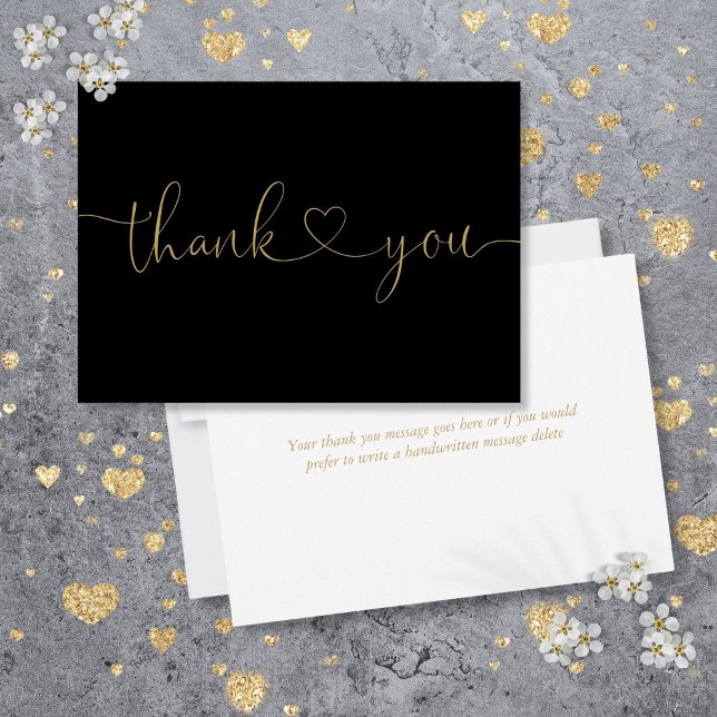 Elegant minimalist svart och guld skript hjärta  tack kort (Elegant Minimalist Black And Gold Script Heart Thank You Card)
