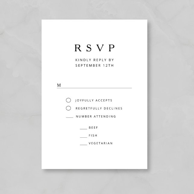 Elegant minimalist svart och vit bröllopsfest OSA kort (Elegant Minimalist Black And White Wedding RSVP Card)