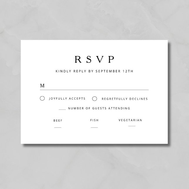 Elegant minimalist svart och vit bröllopsfest OSA kort (Elegant Minimalist Black And White Wedding RSVP Card)
