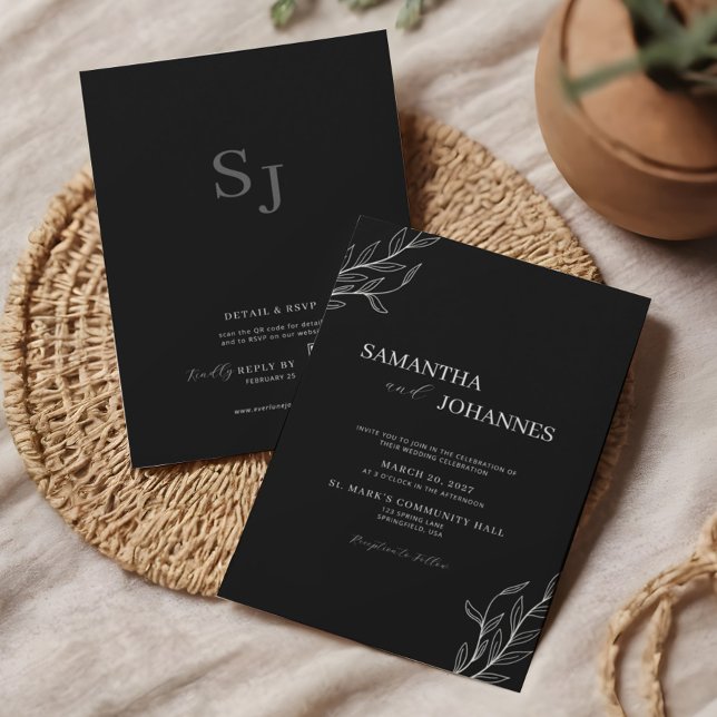 Elegant minimalist svart rustik blomster QR bröllo Inbjudningar (Skapare uppladdad)