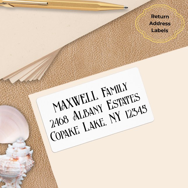 Elegant minimalist svart (typografi) monogram fraktsedel (Family Name Unique Calligraphy Return Address Label)