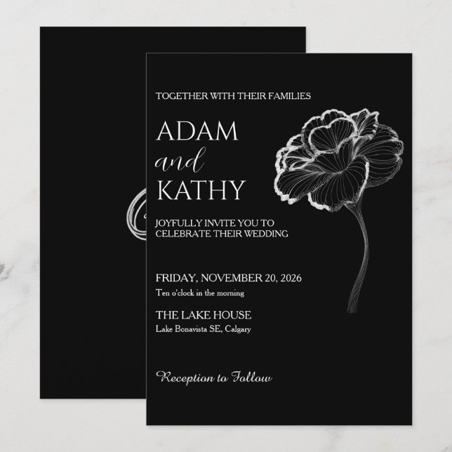 Elegant minimalist svart-vit bröllopsinbjudan inbjudningar (Fram/baksida)