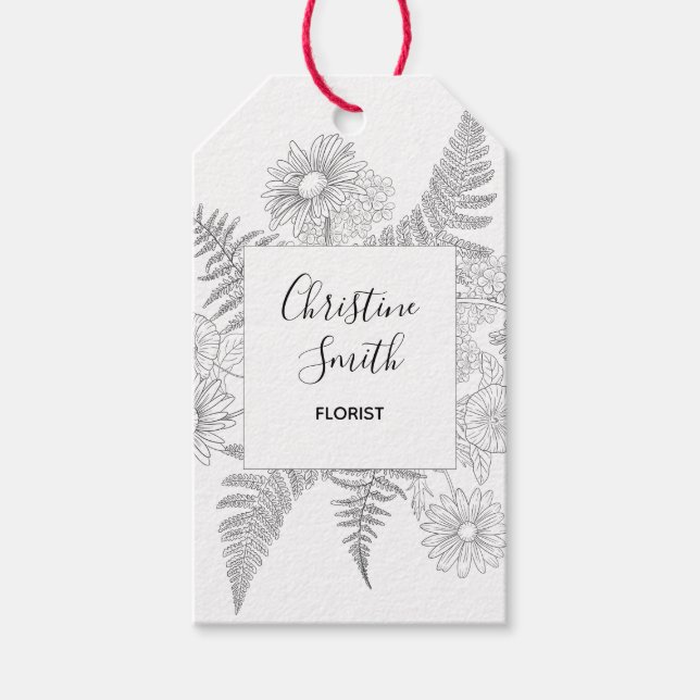 Elegant minimalist svart-vit linjerit blomsterdesi presentetikett (Framsidan)