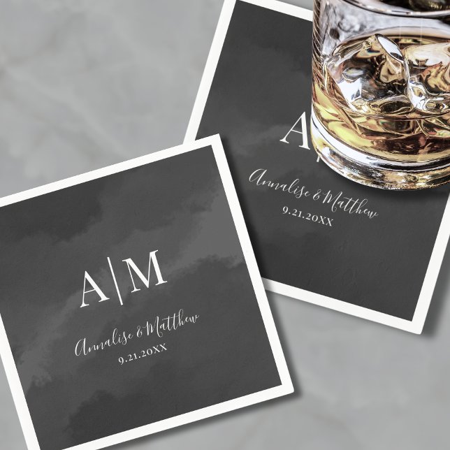 Elegant minimalist svart vit monogram bröllop pappersservett (Elegant Minimalist Black White Monogram Wedding Napkins)