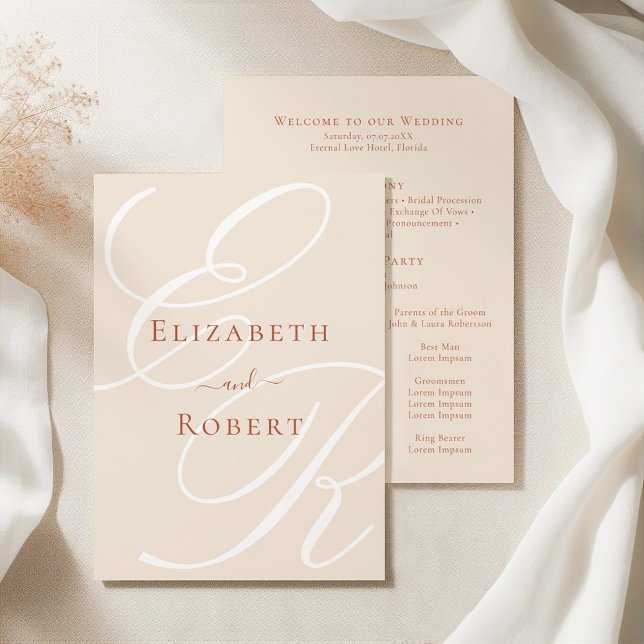 Elegant Minimalist Terracotta Monogram Bröllop Program (Elegant Minimalist Terracotta Monogram Wedding Program on an elegant silky tableclothes)