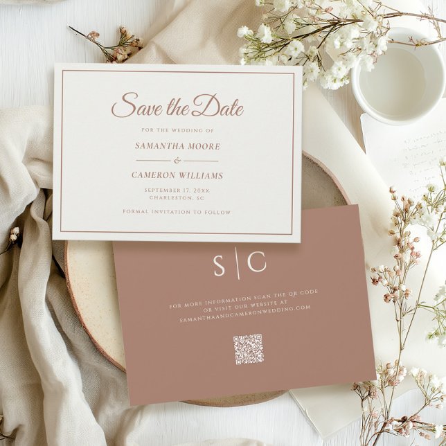 Elegant minimalist vigselmonogram QR-kod Brun Spara Datumet (Skapare uppladdad)