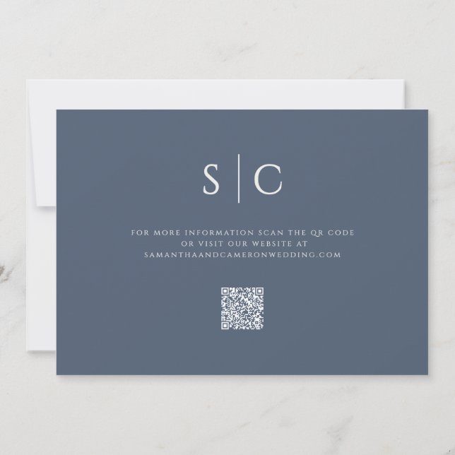 Elegant minimalist vigselmonogram QR-kod marinblå Spara Datumet (Baksida)