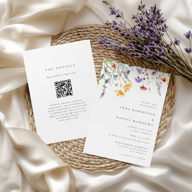 Elegant minimalist vildblomma QR-kod bröllop Inbjudningar (Skapare uppladdad)