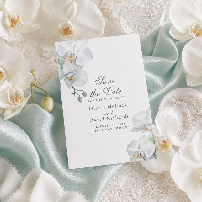Elegant minimalist vit Orhids Spara datum-kort Datumet (Elegant Minimalist White Orhids Save the Date Card)