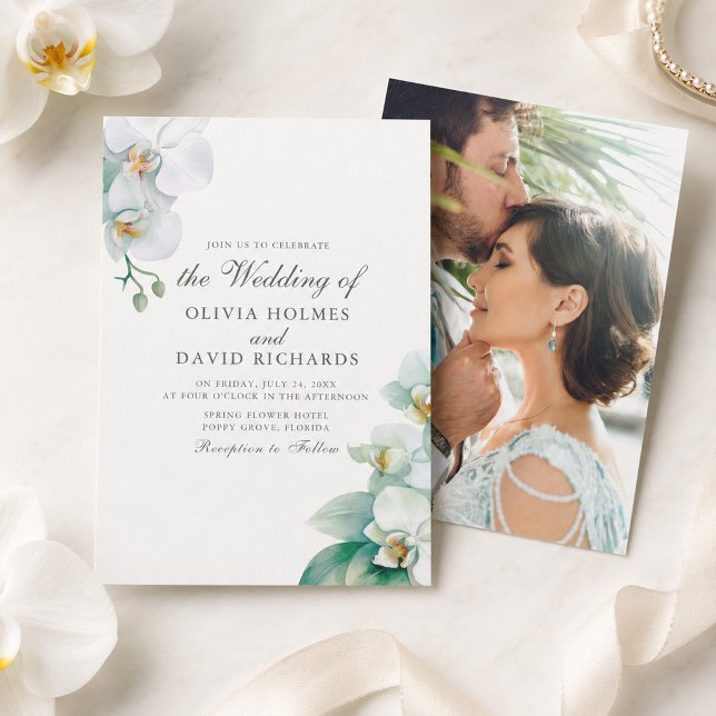 Elegant minimalist vit orkidé foto bröllop inbjudningar (Elegant Minimalist White Orchid Photo Wedding Invitation)