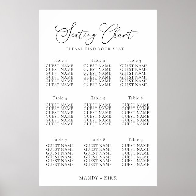 Elegant Minimalist Wedding Seating Chart Sign  Poster (Framsidan)