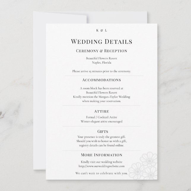 Elegant Minimalist Winter Wedding Details Card Inbjudningar (Framsida)