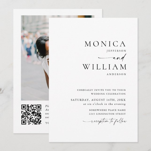 Elegant - minimalistfotot QR-kod Bröllop Inbjudningar (Fram/baksida)