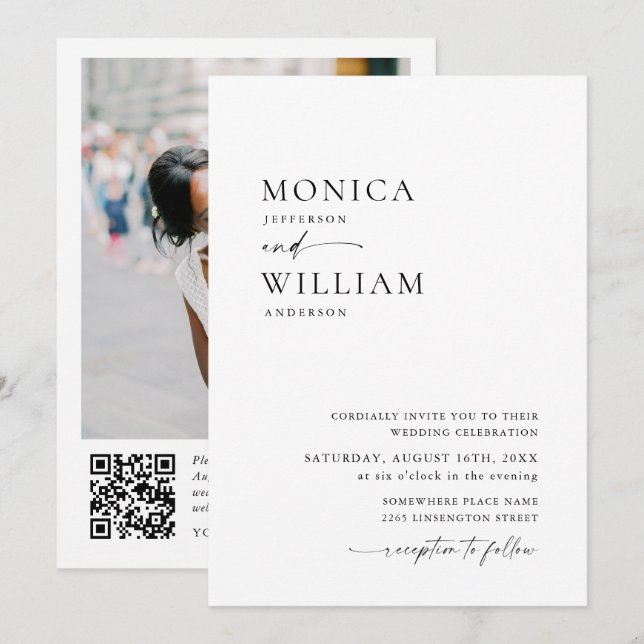 Elegant - minimalistfotot QR-kod Bröllop Inbjudningar (Fram/baksida)