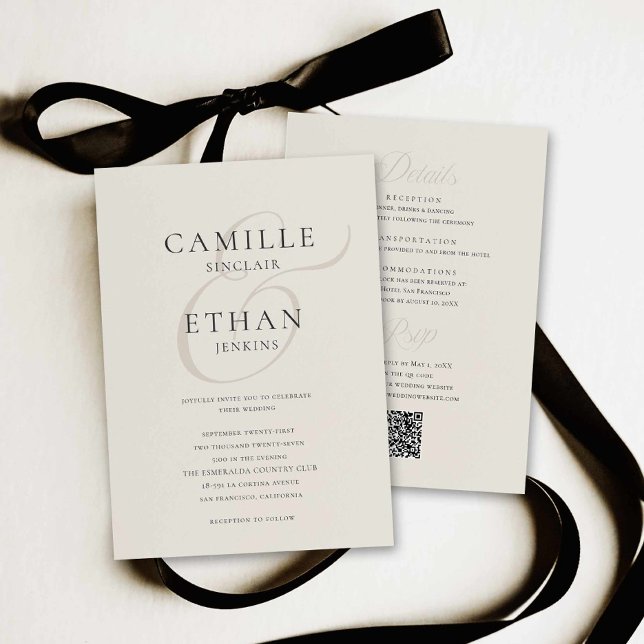 Elegant minimalistisk allt-i-ett bröllopsinbjudan inbjudningar (Modern Typography All in one with QR Code Wedding Invite)
