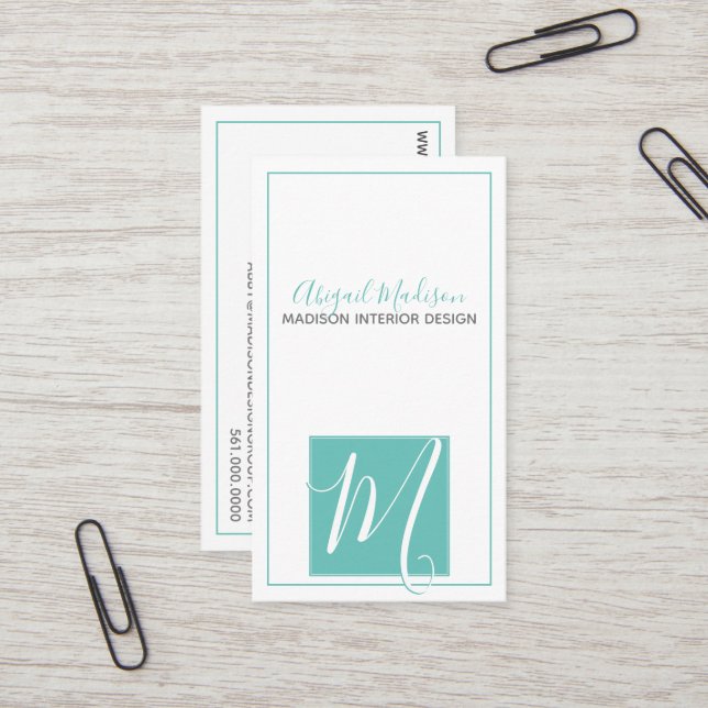 Elegant Minimalistisk Aqua + skript #Monogram Visitkort (Fram/Back In Situ)