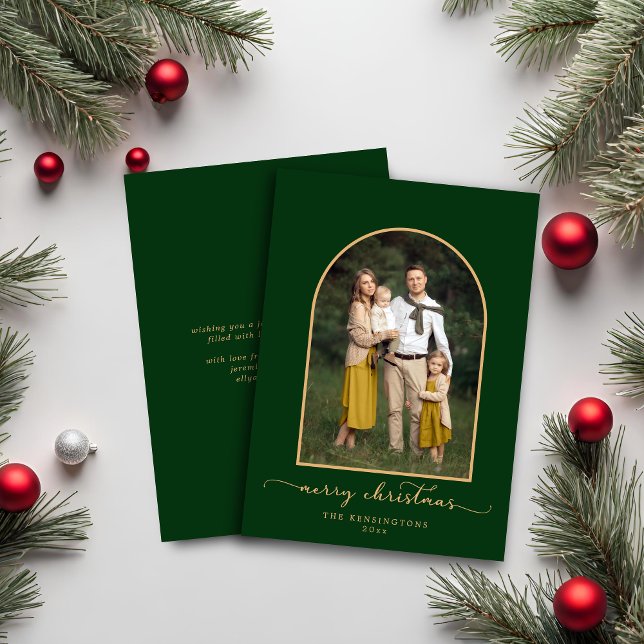 Elegant Minimalistisk Arch Grönt Guld julfoto (Elegant Minimalist Arch Green Gold Christmas Photo Card)