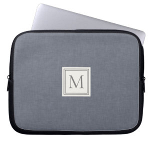 Elegant Minimalistisk blå Grått Faux Linen Monogra Laptop Fodral