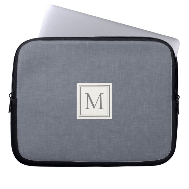 Elegant Minimalistisk blå Grått Faux Linen Monogra Laptop Fodral (Framsidan)