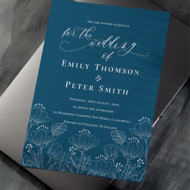 Elegant Minimalistisk blå vit linje Blommigt Bröll Inbjudningar (Elegant Minimalist Blue White Line Floral Wedding Invitation)