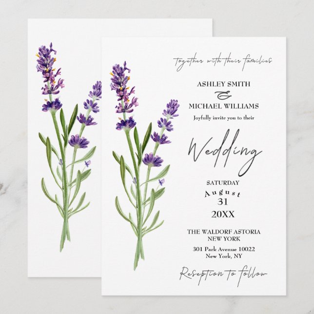 Elegant Minimalistisk Blommigt Lavender Bröllop Inbjudningar (Fram/baksida)