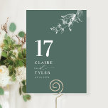 Elegant, Minimalistisk Botanisk Djupgrön Bröllop Bordsnummer<br><div class="desc">Välkommen dina gäster till deras bord med detta eleganta mörkgröna bröllopsbord nummerkort. Stilrent och enkelt formspråk med namn på sidan tillsammans med "och" i modern handskriven kalligrafi. Diskret handritad botanisk grönska i hörndetalj. Vänligen lägg en separat beställning för "varje" bordnummer (d.v.s. för ett evenemang med tre bord måste du lägga...</div>