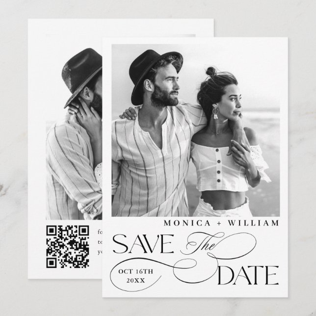Elegant - minimalistisk Bröllop 2-foto QR-kod Spara Datumet (Fram/baksida)