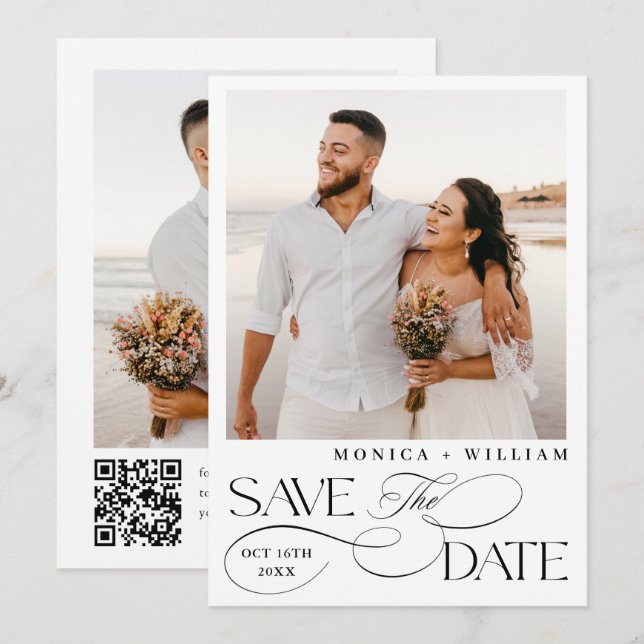 Elegant - minimalistisk Bröllop 2-foto QR-kod Spara Datumet (Fram/baksida)