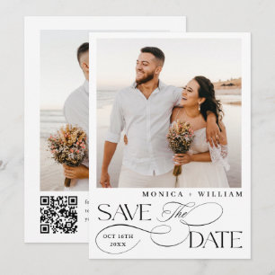 Elegant - minimalistisk Bröllop 2-foto QR-kod Spara Datumet