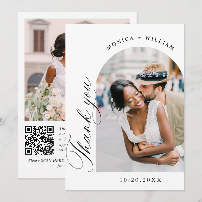 Elegant - minimalistisk Bröllop 2-foto QR-kod Tack Kort (Fram/baksida)
