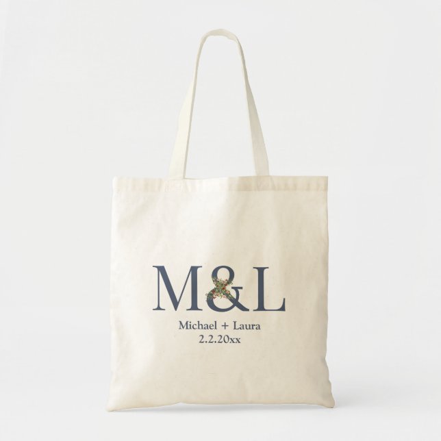 elegant minimalistisk bröllop blommigt monogram bl tygkasse (Framsidan)