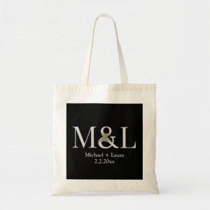 elegant minimalistisk bröllop blommigt monogram sv tygkasse