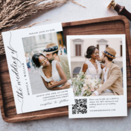 Elegant Minimalistisk Bröllop-foto QR kod 2-FOTO Inbjudningar
